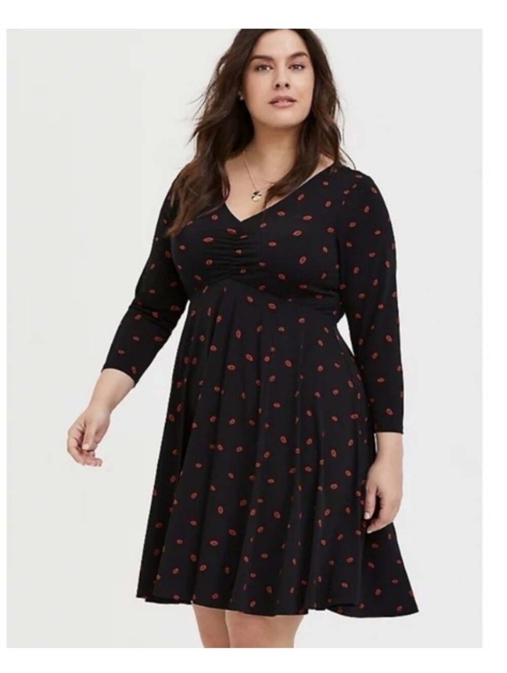 Torrid Knit Skater Mini Dress Cinch Front Black Red Lips Kiss Size 1/1X Flowy